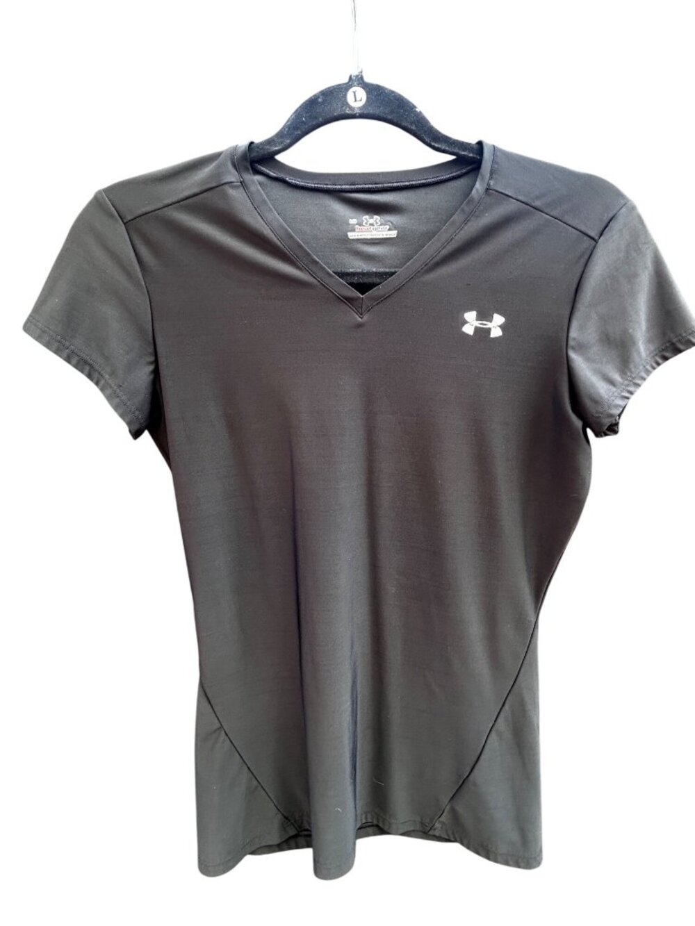 Under Armour Womens Black HeatGear V-Neck Short Sleeve Shirt Size Large 1943